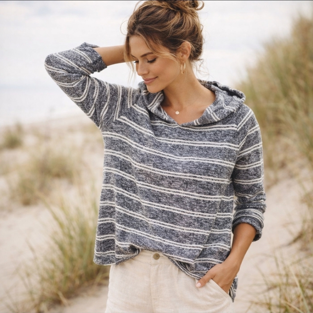 Lou & Grey Striped Hoodie Top XS Blue White Soft‎ Cozy Anthropologie Style